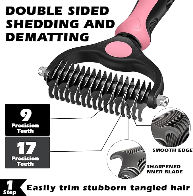 3PCS Self Cleaning Slicker Brush & Pet Grooming Rake & Flea Comb for Dogs,Cats and Horses | Double-Sided Dematting Comb & Skin Friendly Deshedding Grooming Tool | Pet Supplies (Light Pink Black)