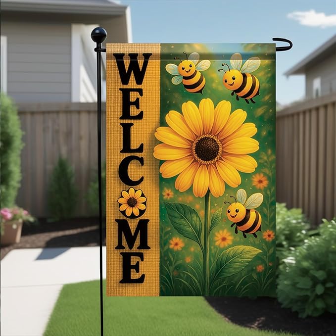 Spring Summer Garden Flag Bee Sunflower Flag 12x18 Inch Double-Sided Cute Welcome Yard Banner Floral Outdoor Decor for Porch Lawn Pathway Cottage Farmhouse Gift