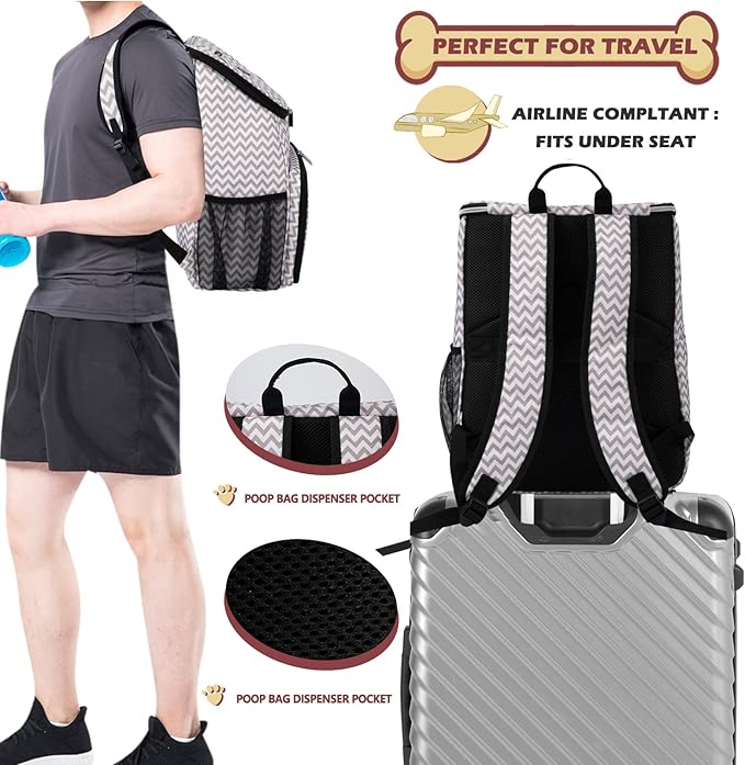 BAGLHER Dog Travel Bag Backpack, Airline Approved Pet Supplies Backpack, Dog Travel Bag with 2 Silicone Collapsible Bowls and 2 Food Baskets BLW