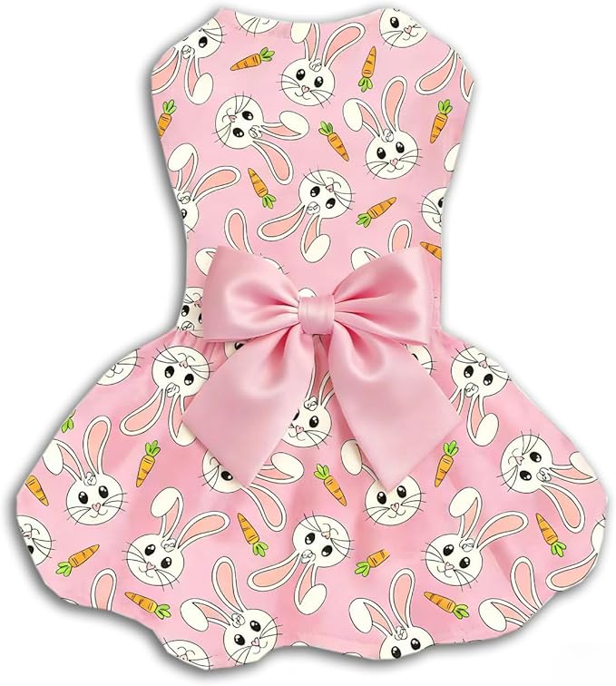Easter Dog Dress with Pink Bunny Print, Cute Spring Pet Skirt for Small Dogs and Puppies, Soft Comfortable Outfit for Holiday