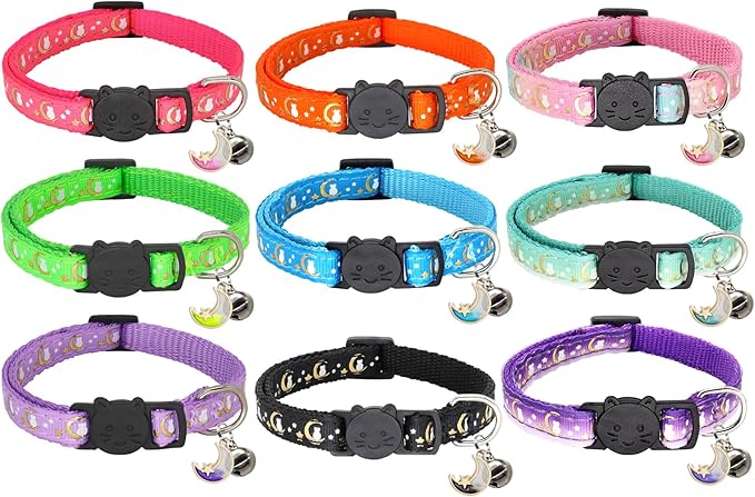 2 Pack Breakaway Cat Collar with Bells,Adjustable Moon and Star Kitten Safety Collars for Boys & Girls,Purple+Teal