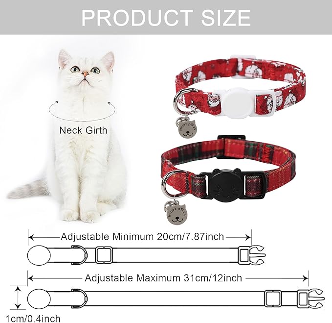 Lionet Paws 2pcs Pack Cotton Cat Collar,Breakaway Buckle Christmas Cat Colar with Santa,Red Green Grid Cute Adjustable Cat Kitten Collar,Ideal for Girl Cats Boy Cats