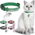 Leather Personalized Breakaway Cat Collar with Studded Bell and Safety Quick Release Buckle - Rivets Studded ID DIY Collars for Boy Girl Cats Kittens, 9" - 11.5" Green