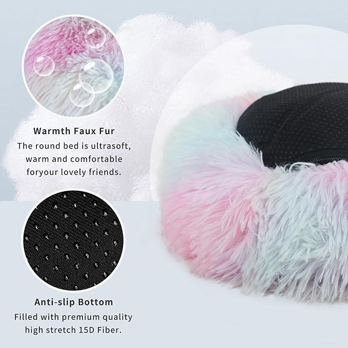 Calming Donut Dogs Beds for Small Dogs Washable,23inch Plush Round Pet Bed for Cozy Sleep,Fluffy Faux Fur Large Cat Bed,Fits up to 25 lbs Pets,Multi Colored