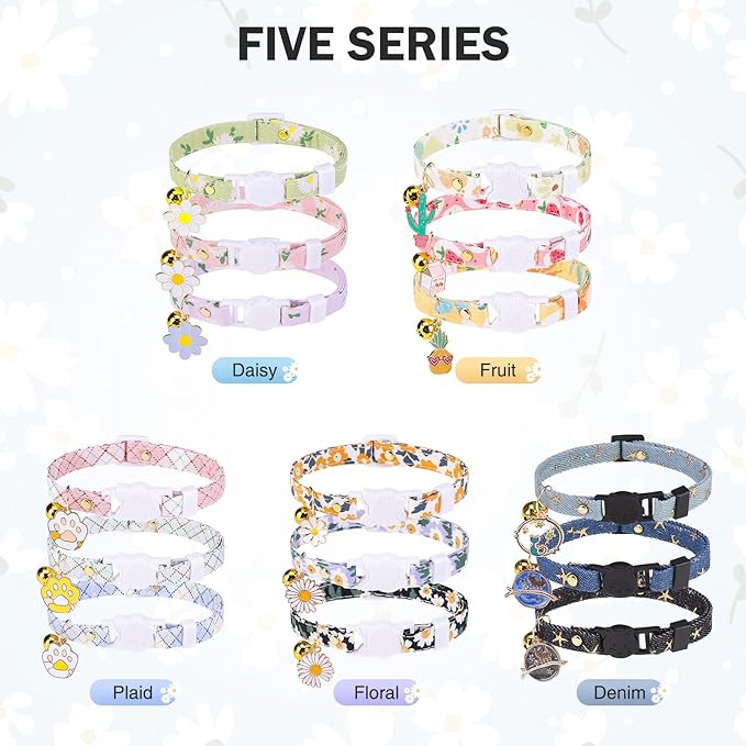 3 Pack Breakaway Cat Collars with Bell- Daisy Pendant Spring Cat Collar for Girl Boy Cats with Safety Buckle- Cute Kitten Collar Adjustable 8"-12" for Kitty Puppy Small Pets