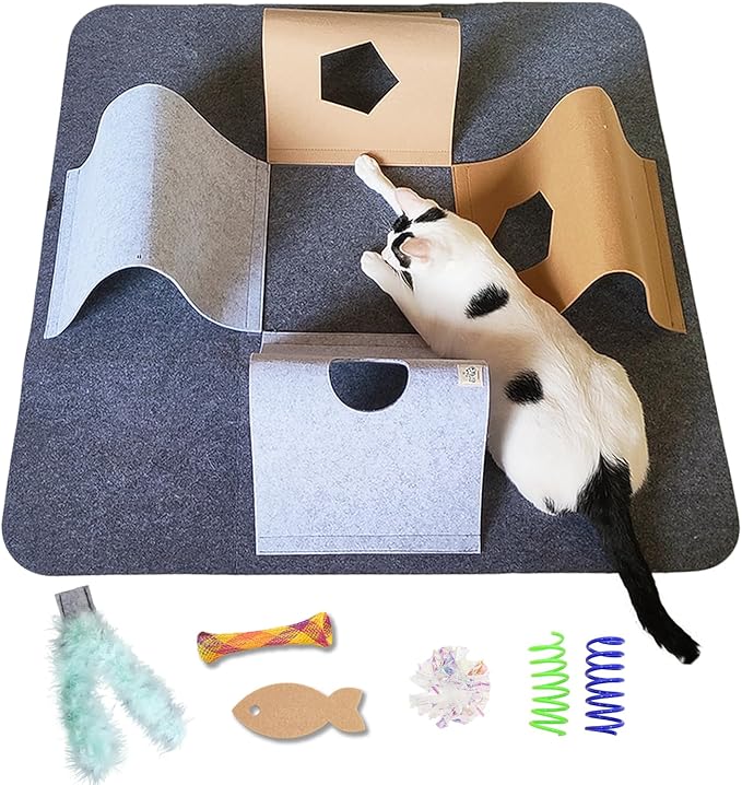 Cat Toys Tunnel for Indoor Cats,4-Way Felt Cat Tunnel Play Mat with Feathers & Bell 6 Pcs Interactive Cats Enrichment Toys Set Foldable Kittens Cave Hideout for Pet Hide & Seek