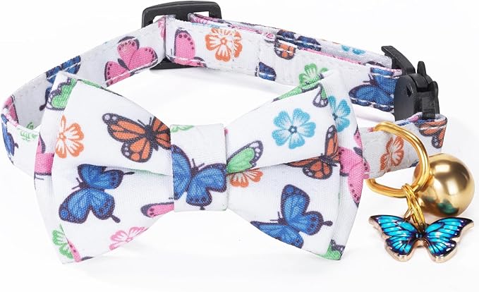 Breakaway Cat Collar with Cute Bow Tie Bell 2Pack Rainbow Butterfly Pattern for Male Female Soft Cotton Kitty Kitten Collar Cute Summer Collars Ideal for Girl Cats Boy Male Cats