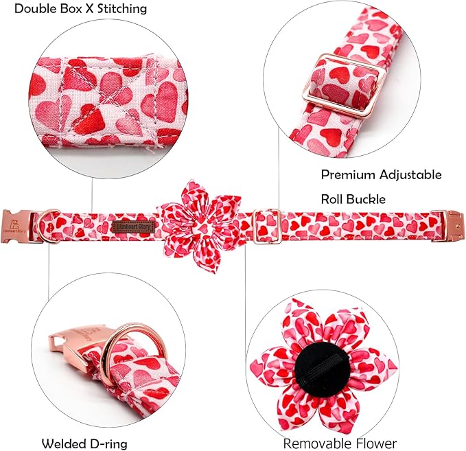 Lionheart glory Valentine's Day Dog Collar with Flower Dog Collars Red Hearts Dogs Collar with Bowtie for Large Dogs Spring Puppy Pet Collars Bows