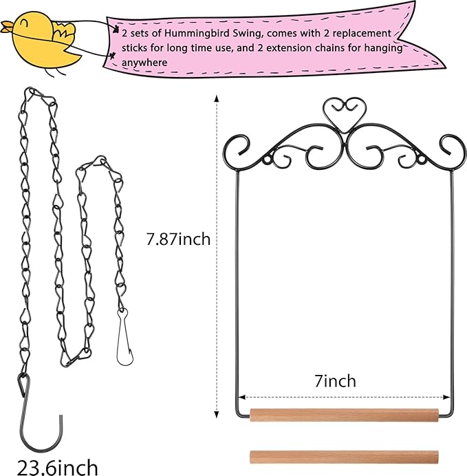 Hotop 2 Pcs Hummingbird Swings and Perches Metal Frame Bird Swing with 2 Replacement Wooden Dowel and 2 Hanging Chain for Outdoor Bird Feeders, Planters, Lanterns Ornaments(Black)