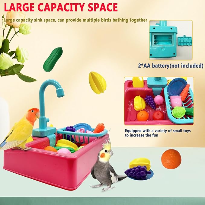 kathson Parrot Bathtub,Automatic Bird Shower Box,Multifunctional Parakeet Bathtub with Faucet,Bird Bathing Tub Pool Toy for Small Medium Birds Cockatiel Lovebird Budgie（Red-Orange）