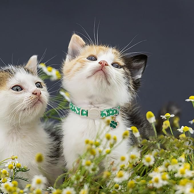 Lionet Paws 2pcs Pack St. Patrick Cotton Cat Collar,Breakaway Buckle with Clover and Bone Stick Cute Adjustable Green Cat Kitten Collar,Ideal for Girl Cats Boy Cats