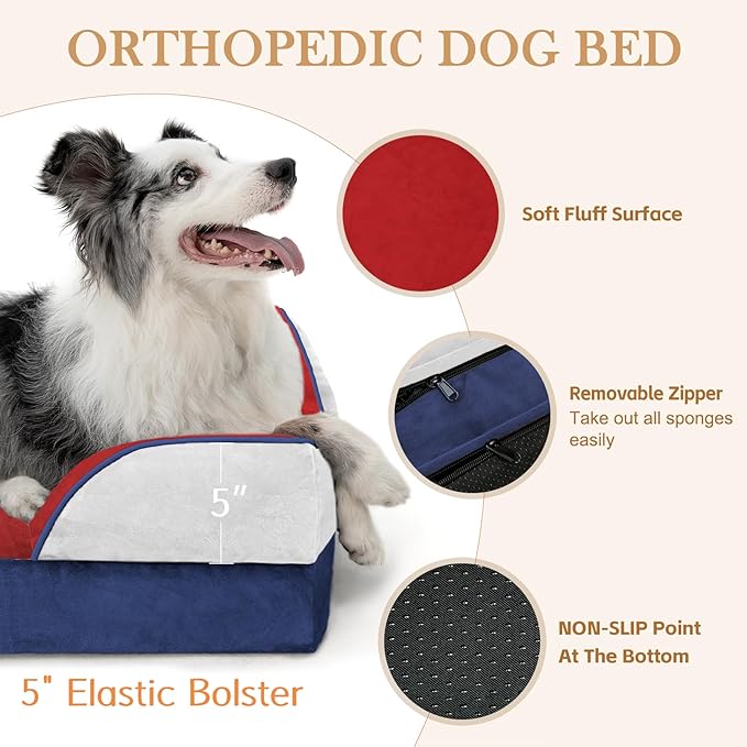 Comfort Expression Orthopedic Dog Bed for Large Dogs 36x27 Inch, Waterproof Egg Crate Foam Large Pet Bed with Removable Bolsters, Dog Couch with Washable Cover & Non-Slip Bottom, American Flag 2