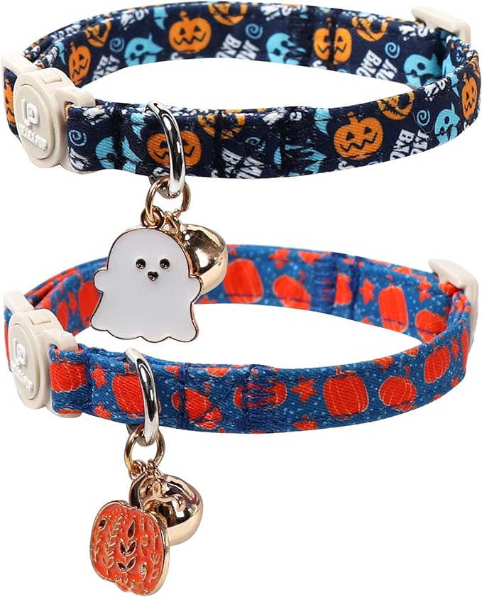 Halloween Cat Collar-2Pack Autumn Pumpkin Kitten Collars-Funny Halloween Ghost Breakaway Kitty Collars-Cute Ghost & Pumpkin Pendants,Fall Cat Collar with Bell, for Girl & Boy Cats