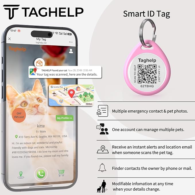 2 Pack- QR Code Smart ID Tags for Collar Personalized Cat Name Tag for Kitten Collar, Cat Tracker for Pet Online Profile - Scan QR Receive Instant Pet Location Alert Email (Black & Pink,1")