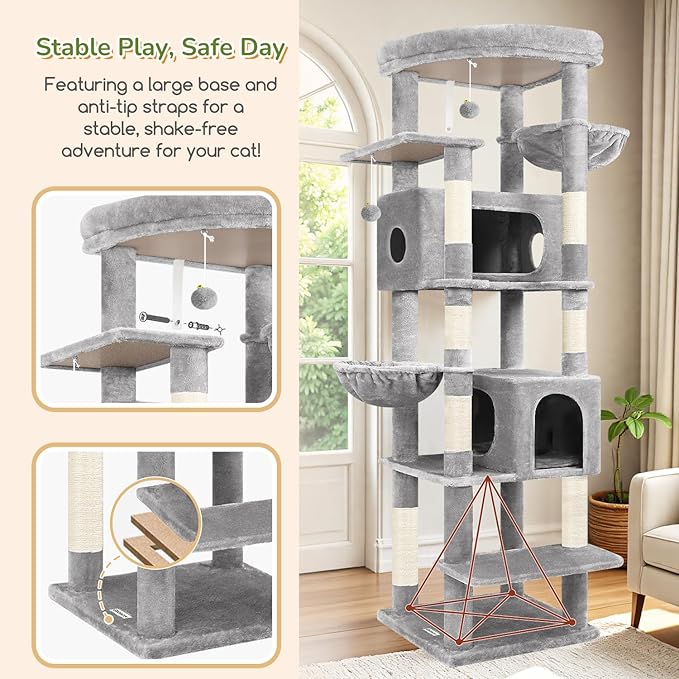 Globlazer Heavy Duty Cat Tree, 74in Sturdy Cat Tower for Large Cats Adult, Big Cat Tree with 7 Sisal Scratching Posts, 2 Padded Condos, 2 Dual-Ear Hanging Baskets, Enlarged Top Perch, S74, Light Grey