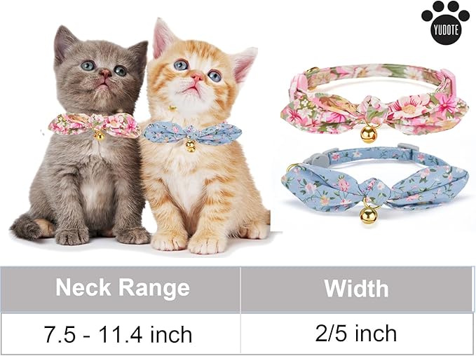 Cotton Bowtie Cat Collar with Bell 2 Pack Stylish Floral Breakaway Kitten Collars with Removeable Knot Bow,Blue & Pink