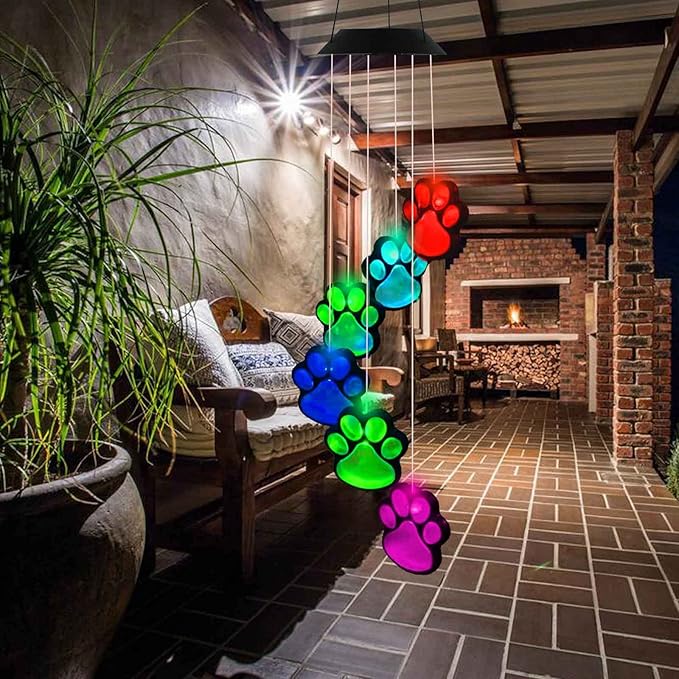 Paw Print Solar Wind Chimes, Color Changing Outdoor Paw Print Solar Lights, Dog Cat Paw Prints Wind Chimes Hanging Patio Lights for Garden Decor,Best Gifts for Dog & Cat Pets Lovers