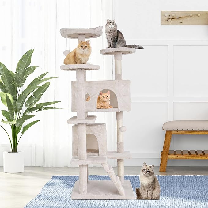 Cat Tree for Indoor Cats, Multi-Level Cat Tower with Scratching Posts & Cozy Condo, Space Saving Cat Activity Center, Durable Pet Play House (54in,Beige)