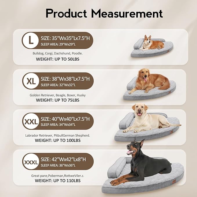 Dog Bed Medium Sized Dogs - Orthopedic Egg-Crate Memory Foam with Removable Washable Cover, Waterproof Pet Bed Couch with Non-Slip Bottom for Large Dog, Grey