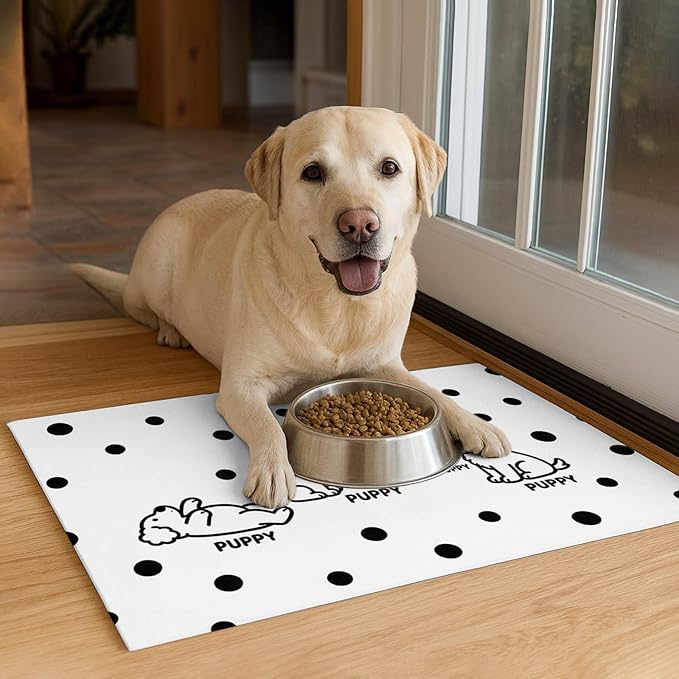 Puppy Pattern Pet Feeding Mat 24x16 Inch Polka Dot Pet Feeding Area Mat Pet Food Mat Pet Mats for Food and Water Dog Mat for Food and Water Indoor Feeding Corner Kitchen Floor Decor
