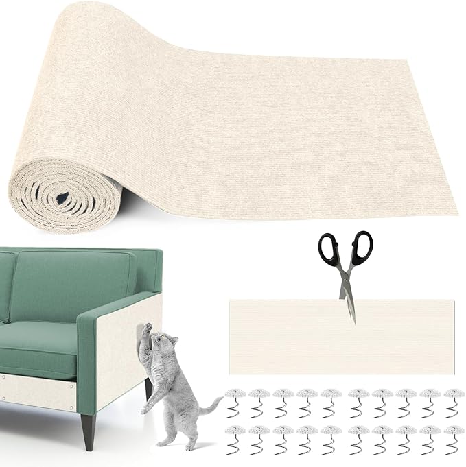 Cat Scratching Mat, 118" x 15.8" Self-Adhesive Trimmable Cat Scratching Carpet Mat with 20 Screws, DIY Cat Scratchers Furniture Protector for Indoor Cats, Couch, Wall and Cat Tree Shelves