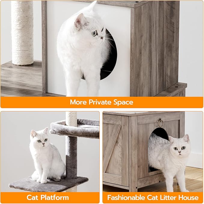 HOOBRO Cat Tree Tower with Litter Box Enclosure Indoor, Wooden Cat Condo with Scratching Posts, Litter Box Furniture Hidden, All-in-One Cat House, Greige BG15MZ03