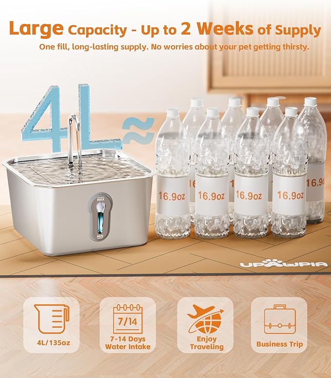 4L Large Capacity Cat Water Fountain Stainless Steel with 3 Filters Pet Water Fountain for Drinking Watering Supplies Pets Dog Small Animal Automatic Cat Water Dispenser for Cats Quiet Indoor
