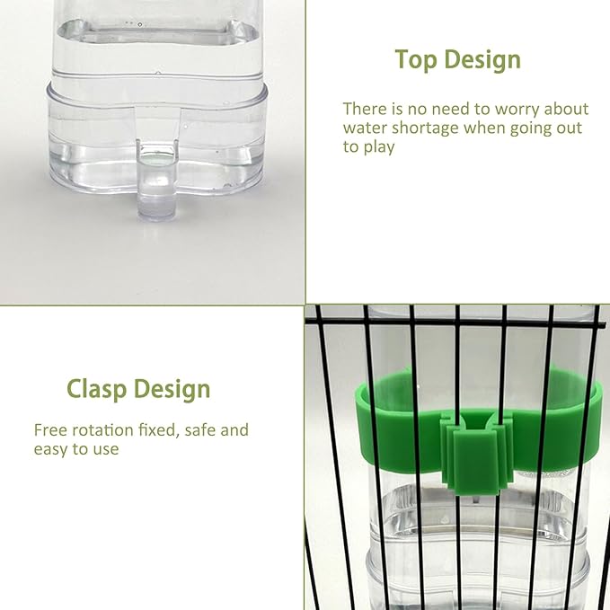 No Mess Bird Feeder Water Dispenser Set, Automatic Parrot Feeder for Cage Transparent Acrylic Food Container Drinker Cage Accessories Parakeet Cockatiel Lovebird Finch (Green)