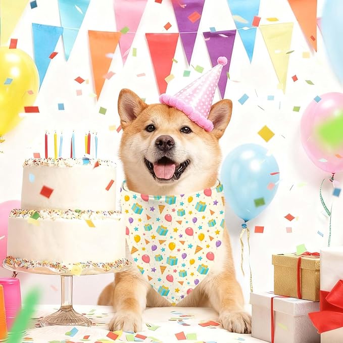 Birthday Dog Bandanas, Double Side Reversible Large Pet Bandanas, Celebration Adjustable Triangle Holiday Scarves for Dogs Girl Boy Pets