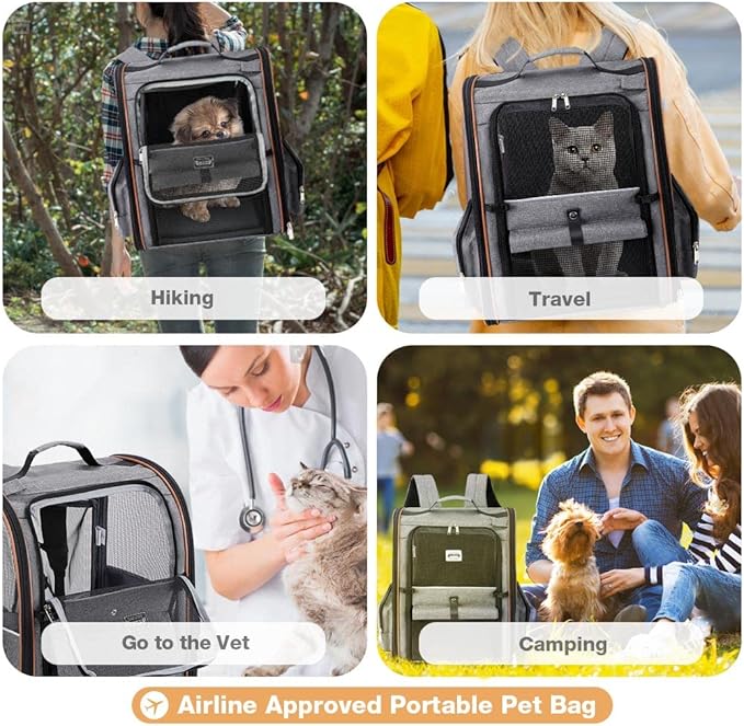 Lekebobor Cat Carrier Backpack, Expandable Pet Carrier with Sun Shade & Full Front Opening, Breathable Mesh Backpack for Small Dogs & Medium Cats Up to 18 Lbs, Foldable for Hiking, Camping (Grey)