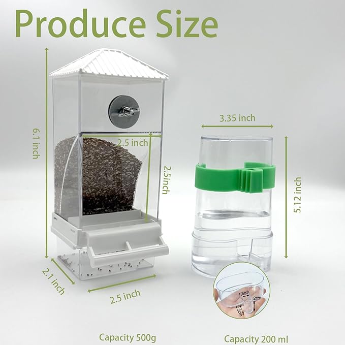 No Mess Bird Feeder Water Dispenser Set, Automatic Bird Feeder for Cage Transparent Acrylic Food Container Drinker Cage Accessories Parakeet Cockatiel Lovebird Finch (White)