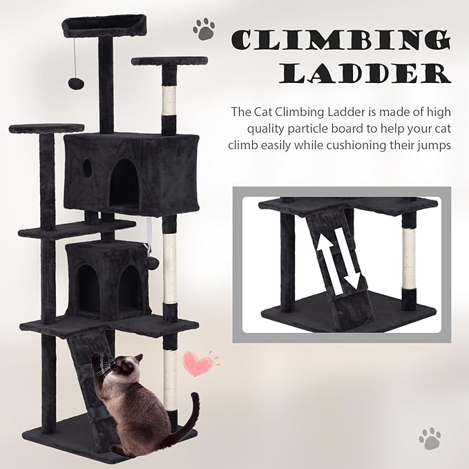 Heavy Duty Cat Tree Tower, 70" Tall Cat Tower for Indoor Cats with Cat Scratching Post with Bed, Cat Condo, Hanging Ball, Multi-Level Cat Climbing Tower Cat Trees Furniture Activity Center, Dark Grey