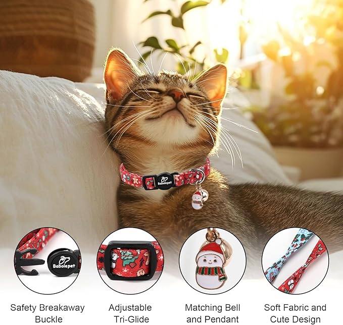 2 Pack Christmas Cat Collars - Breakaway Cat Collar with Bell, Candy Cane and Snowman Pendant, Winter Adjustable Kitten Collars for Girl Boy Cats, Blue&Red