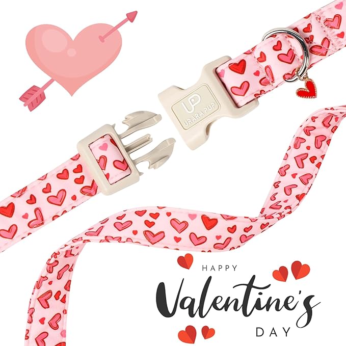 Valentine's Dog Collar, UP URARA PUP Pink Heart in Red Adjustable Pet Collar with Bowknot Charm, Wedding Dog Accessories for Small Medium Large Dogs