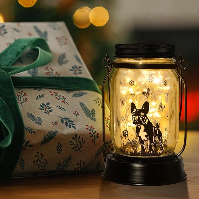 French Bulldog Frenchie Gifts for Women/Men French Bulldog Solar Lanterns Dog Mom Birthday Dog Lovers Lantern Pet loss Pet Memorial Lights Solar Garden Decoration Yard, Patio,Backyard,Porch Torches