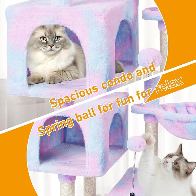 KIYUMI Cat Tree Cat Tower Condo with Sisal Scratching Post for Indoor Cats Cat Tree Cat Furniture with Hammock Perch and Kitten Ball Toys, Multi-Level Pet Activity Center Rainbow