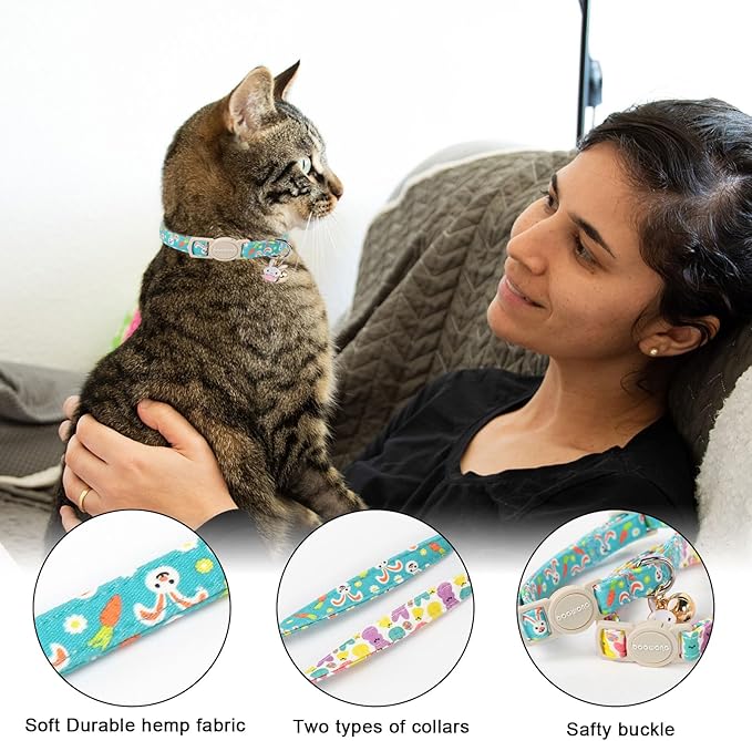 Cat Collar,2 Pack Easter Day Bunny Cat Collars Breakaway with Bell, DOGWONG Safety Buckle Cat Collar Rabbit Cat Collar for Girl Boy Cats，Adjustable 7-12 Inch