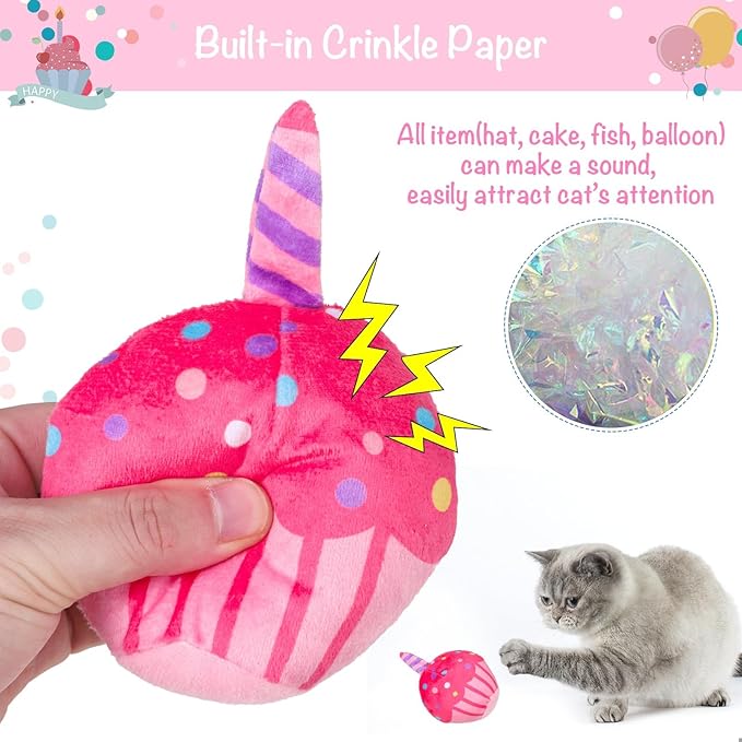 BINGPET Cat Birthday Catnip Toys for Indoor Cats, 5 Pcs Cat Birthday Gift Kitten Interactive Toys for Boy Girl Cats, Soft Plush Catmint Kitty Chew Kick Toy, Hat, Bandana, Balloon, Cake, Fish, Pink