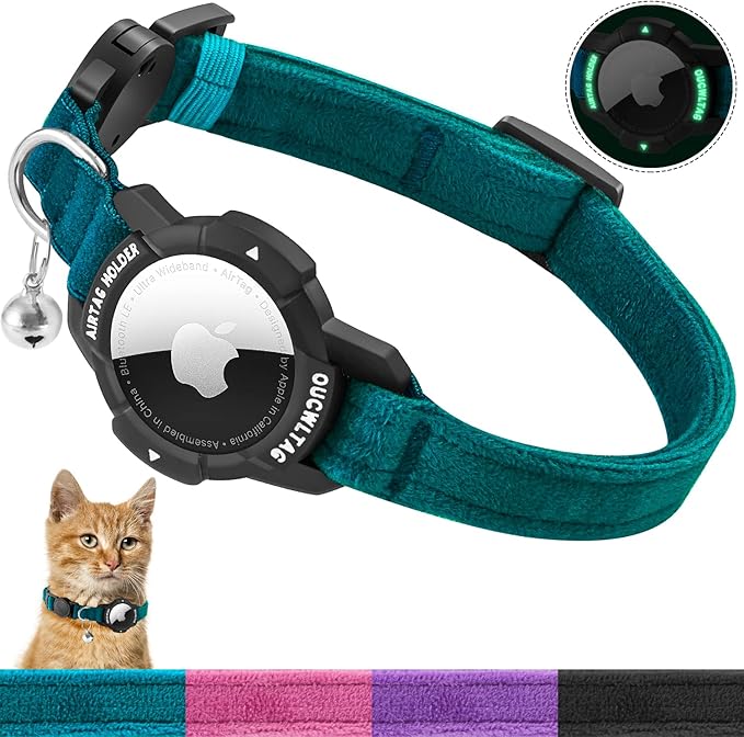 Luminous AirTag Cat Collar Breakaway, OUCWLTAG GPS Cat Collar with Apple Air Tag Holder, Cat Tracker Collars with Safety Elastic Band for Girl Boy Cats, Kittens and Puppies (Blue, 9-13 Inch)