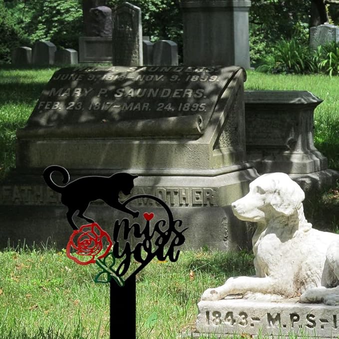 Memorial Grave Markers Metal Pet Memorial Stake Cat Memorial Sign,Miss You Sign Pet Plaque Burial Stake for Cemetery Garden Yard Outdoor Grave Decor