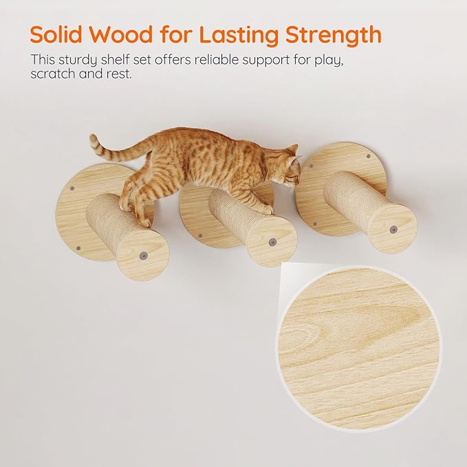 HOOBRO Wood Cat Wall Shelves for Large Cats, 11-Piece Cat Wall Furniture, Wall-Mounted Shelves with House, Hammock, Ladder, Scratching Posts and Step, Climbing Wall for Multiple Cats, Natural NL46CS03