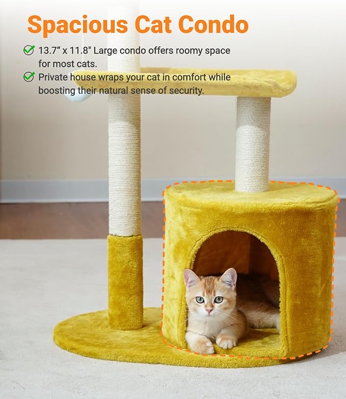 Happi N Pets Cat Tree, 33" Multi-Level Cloud Cat Tree Tower with Cozy Padded Bed & Large Condo for All Sized Cats, Featuring Scratching Posts, Viewing Perch & Toys, Stable Small Cat Tower