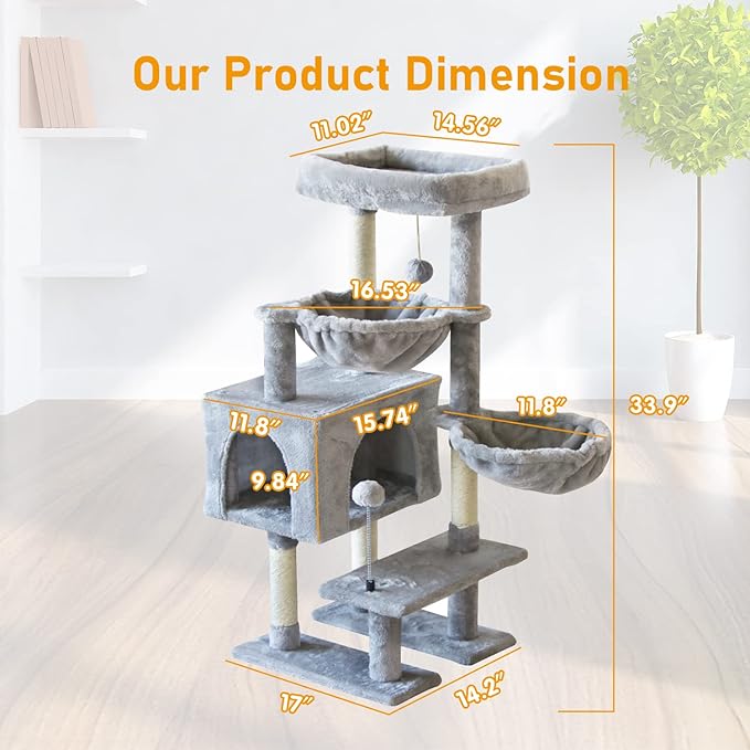 KIYUMI Cat Tree Cat Tower Condo with Sisal Scratching Post for Indoor Cats Cat Tree Cat Furniture with Hammock Perch and Kitten Ball Toys, Multi-Level Pet Activity Center Grey