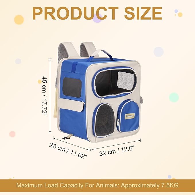 Pet Backpack Carrier, Portable and Ventilated, Nylon Dogs Cats and Small Animals Travel Bag 14.96", (Dark Blue, 1 Pcs), Intended for Hiking/Camping/Traveling