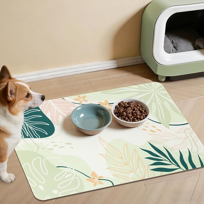 Topotdor Boho Dog Food Mat - Absorbent Quick-Dry Cat Bowl Mat for Food and Water, Non-Slip Pet Feeding Placemat for Messy Drinkers Dog Accessories Pet Supplies, 16"x24", Green