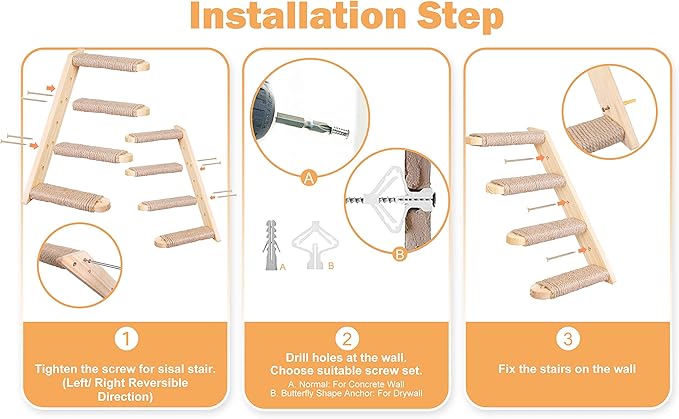 Cat Climbing Stair Shelf, Wall Mounted Ladder 2PCS 4 Steps Reversible Left & Right Direction, for Cats up to 15 Pounds, Cat Stairway with Jute Scratching Ladder Shelves for Kitten Perch Sleeping