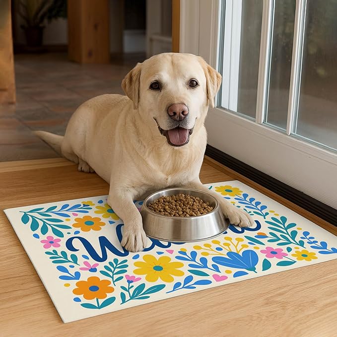 Daisy Flower Pet Food Mat 20" x 12" Welcome Sign Pet Feeding Mat Non Slip Mats for Dog Food and Water Bowls Easy Clean Fast Dry Placemat for Cat Food Mats for Indoor Trendy Pet Accessories