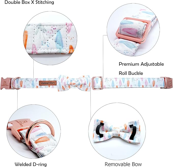 Lionheart glory Easter Dog Collar with Bow Tie Carrot Print Dog Collar Girl or Boy Soft Durable Adjustable Collar Bows Spring Collar Dog Bow for Medium Dogs