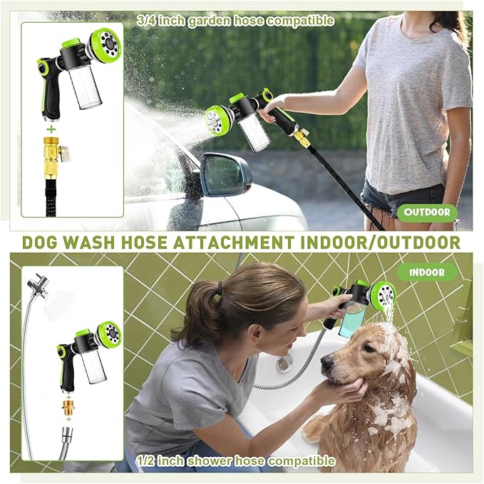 Dog Washing Hose Attachment - Dog Shower Attachment with 3-Way Diverter and 6.56FT Shower Hose, 8-in-1 Water Nozzle Soap Sprayer for Pet Bathing and Garden Nozzle, Pet Grooming Glove