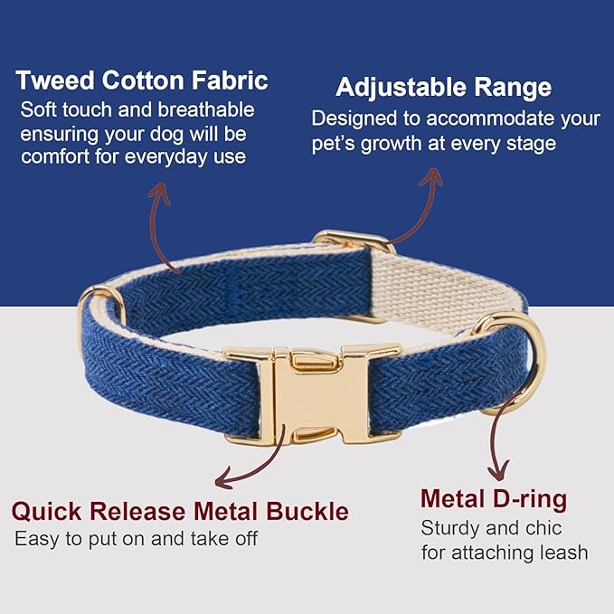 Soft Cotton Hemp Dog Collar with Metal Buckle Adjustable Tweed Dog Collars for Small Medium Large Dogs(Royal Blue,Small)